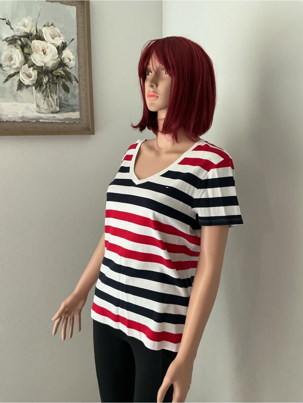 Tommy Hilfiger Striped V-Neck Tee in Red, Black & White - Picture 2 of 9